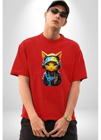 Resim Bandana Kedi Kulaklık Çeket Pamuklu Bisiklet Yaka Unisex Oversize Boyfriend Dijital Baskılı Kırmızı T-shirt Kırmızı 