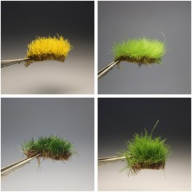 Resim 0,47 inç yüksekliğinde yapışkanlı el ile yırtılabilir ot demetleri. Cam manzaraları, tren sahneleri ve kum ortamları için ideal olan gerçekçi görünümlü suni çim tüyleri, model raylı sistemler ve çeşitli minyatür dekorasyonlar için mükemmel 