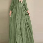 Resim Kadınların Zarif Katlı Peplum Elbisesi, Şirin Bel ve Düğme Detayları ile - Düz Renk, Uzun Kollu, Yuvarlak Yaka, Polyester, Yeşil, Tüm Mevsimler için Mükemmel 