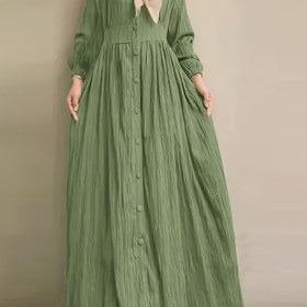 Resim Kadınların Zarif Katlı Peplum Elbisesi, Şirin Bel ve Düğme Detayları ile - Düz Renk, Uzun Kollu, Yuvarlak Yaka, Polyester, Yeşil, Tüm Mevsimler için Mükemmel 