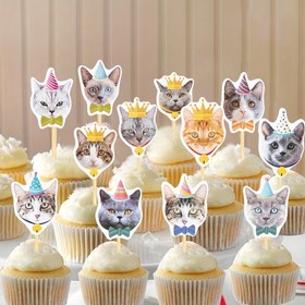 Resim 12 adet Kedi Yüzü Cupcake Toppers, Renkli Kedi Parti Süsleri, Bambu Pet Temalı Kek Seçimleri Doğum Günü Kutlamaları için, Elektrik Gerektirmez, Tüyü Olmayan, Kedi Severi Hediyeleri 