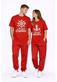 Resim Sevgili Kombini Oversize Çift Tişört Unisex Captain Anchor Baskıl Kırmızı 