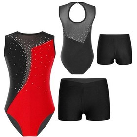 Resim Kırmızı & Siyah Çocuk Kız Kolsuz Jimnastik Leotard Şortlu Bale Unitard Dans Kıyafetleri Atletik Uygulama Kostümü Kırmızı - Siyah 