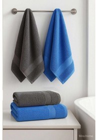 Resim 4 Parça Banyo Havlu Takımı %100 Pamuklu Dry Antrasit Mavi Çok Renkli 