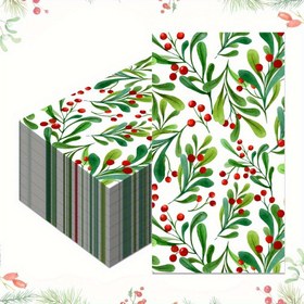 Resim 3 Katmanlı Tek Kullanımlık Noel Misafir Peçeteleri - Kırmızı Meyveli ve Yeşil Yapraklı Beyaz Desenli, 20.07x10.92cm Katlanmış & 39.88x33.02cm Açık Hediye Parti, Düğün, Ev Mutfak Banyo Dekoru, Noel Sofra Süsü, Mevsimlik Sofra Takımı 