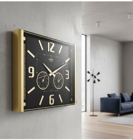 Resim Lüks Duvar Saati Barometreli Isı & Nem Ölçer Kabartma Rakamlı Duvar Saati 41.5x32cm Siyah - Altın 