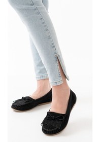 Resim Ps-100 Siyah Süet Püsküllü Günlük Kadın Babet Beyaz 