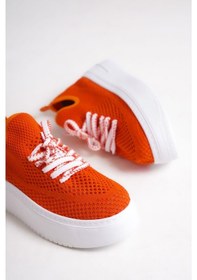 Resim Mubiano H- 101-orj Triko Örme Kumaş Oval Burunlu Bağcık Detay Kadın Oranj Yüksek Taban Babet & Loafer Ayakkabı Oranj 