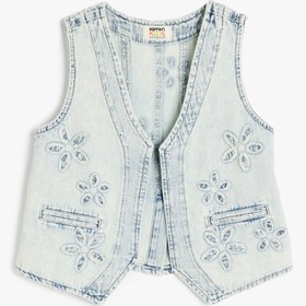 Resim Kız Çocuk Çiçek Desenli Cepli Pamuklu V Yaka Crop Denim Yelek 