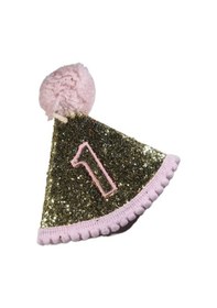 Resim 1 Yaş Doğum Günü Partisi Şapkası Mini Jüt Model Simli Pembe Ponponlu Bebek Konik Taç Şapka +3 