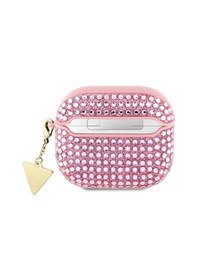 Resim Apple Uyumlu AirPods 3. Nesil Kılıf Guess Lisanslı Parıltılı Taş Kaplamalı Üçgen Logo Süs Zincirli Pembe 