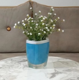 Resim 2 Adet Vazo Dahil,vazoda Çiçek,beyaz Yapay Çiçek,vazo Dekoratif Gri Mavi Poliresin 8x4x16cm Çok Renkli 