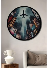 Resim Uçan Uçaklı Neon Şehir Manzarası Modern Sanat Ahşap Tablo Yuvarlak Tablo Çerçeve Görünümlü-9-88549 - 50 X 50 