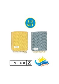 Resim 2'li Set Peştemal Plaj Havlusu , %100 Pamuk , Xxl 100x180cm, Marmaris, Bal Sarısı-mavi 