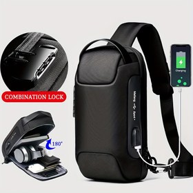 Resim USB Şarjlı ve Kombinasyon Kilidi ile Oxford Kumaş Bel Çantası - Erkekler ve Kadınlar için Şık Siyah Omuz Çantası, Açık Hava Aktiviteleri ve Motosiklet Sürüşü için İdeal, Sevgililer veya Babalar Günü için Mükemmel Hediye, Motosiklet Çantası 