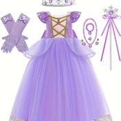 Resim Elegant Purple Tulle Princess Dress Altın Detaylarla - Uzun Kollu, Kıvrımlı Etek ve Doğum Günü Partileri, Noel, Cadılar Bayramı ve Karnaval için Parlayan Süsler, Parti Elbisesi|Kıvrımlı Etek Elbisesi|Parlayan Süsler, Prenses Elbisesi 