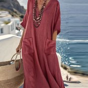 Resim Büyük Beden - Şık Büyük Beden V-Yaka Elbise Cebi ile - Hafif Esnek Olmayan Kumaş, Düz Renk, Kadınlar için Akışkan A-Line Silueti - Bahar/Yaz/Sonbahar Plaj Tatilleri ve Rahat Geziler için Mükemmel, Plaj Elbisesi 