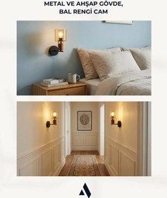 Resim Elyra Modern Dekoratif Duvar Aplik Ahşap Detaylı Camlı Aydınlatma Bal 