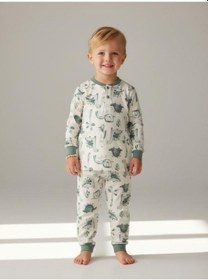 Resim Zekids Erkek Çocuk Pamuklu Safari Desenli Çıtçıtlı Pijama Takımı-16836 Mint 