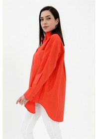 Resim Tek Cepli Kolları Katlı Oversize Kalın Keten Gömlek - Turuncu-turuncu Turuncu 