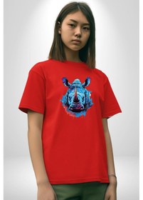Resim Su Aygırı Hipopotamo Renkli Pamuklu Bisiklet Yaka Kadın Erkek Oversize Boyfriend Dijital Baskılı Kırmızı T-shirt Kırmızı 
