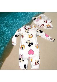 Resim Lolliboomkids Unisex Çocuk Mayo Yarım Vücut Güneş Koruma Hassas Ten Sevimli Mickey Baskı Desen Mayo Şapka Hediyeli Ekru 