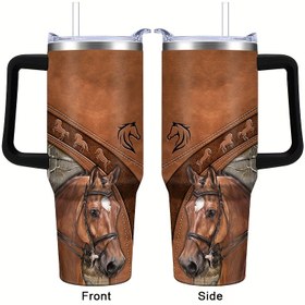 Resim 40oz Paslanmaz Çelik At Tumbler - Kapaklı Çift Duvarlı Yalıtımlı Kahve Kupası, Yürüyüş ve Dış Mekan Maceraları için Sızdırmaz Seyahat Kupası, PVC İçermez, Sadece Elde Yıkama - Binicilik ve Hayvan Tutkunları için İdeal Hediye 