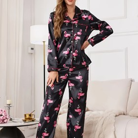 Resim Kadınlar İçin Şık Saten Pijama Takımı - Flamingo Desenli, Örgülü, Çift Taraflı Yaka, Yetişkin Sonbahar ve Kış Pijamaları 