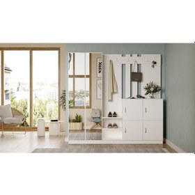 Resim Robin Home Nova Aynalı Vestiyer Portmanto Ayakkabılık Beyaz 