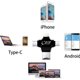 Resim FLAGEN 4 In 1 iOs Android Type-C Lightning USB-A Micro SD TF Kart Okuyucu Siyah 