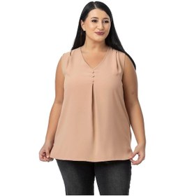 Resim Disentis Büyük Beden Kaplama Düğme Detaylı Kolsuz V Yaka Camel Bluz Camel 