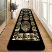 Resim 1 adet Altın Labirent Desenli Koridor Matı, Lüks Vintage Tasarım, Klasik Dekoratif Zemin Matı, Oturma Odası ve Yatak Odası için Makine Yıkanabilir Polyester Dikdörtgen Halı, Koridor, Oturma Odası, Yatak Odası, Çamaşır Odası, Giriş için İdeal - Ev Stili Artırır, Çok Yönlü Zemin Kaplaması | Zarif Zemin Kaplaması | Makine Yıkanabilir Mat, Büyük Alan Matı 