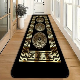 Resim 1 adet Altın Labirent Desenli Koridor Matı, Lüks Vintage Tasarım, Klasik Dekoratif Zemin Matı, Oturma Odası ve Yatak Odası için Makine Yıkanabilir Polyester Dikdörtgen Halı, Koridor, Oturma Odası, Yatak Odası, Çamaşır Odası, Giriş için İdeal - Ev Stili Artırır, Çok Yönlü Zemin Kaplaması | Zarif Zemin Kaplaması | Makine Yıkanabilir Mat, Büyük Alan Matı 