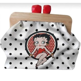 Resim handedizayn Betty Boop Ahşap Burslu Puantiyeli Zincir Askılı Clutch Omuz Çantası 