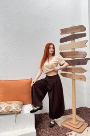 Resim Lusin Kadın Acı Kahverengi Beli Lastikli Rahat Kesim Geniş Paça Tiril Şalvar Pantolon 