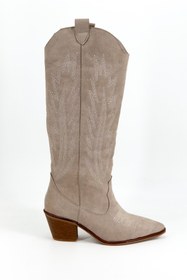 Resim Shoebutik Ruffle Bej Süet Kadın Kovboy Çizme 