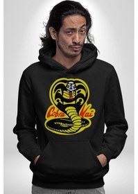 Resim Cobra Kai Karete Çocuk Yılan Logo Dizi Kadın Erkek Siyah Kapüşonlu Sweatshirt Hoodie Siyah 