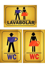 Resim sıradışıhediyem 3 LÜ SET GOLD METAL WC YÖNLENDİRME VE UYARI LEVHASI HERBİRİ 15X10 CM 