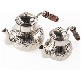 Resim Dmt Gaziantep Bakır Çaydanlık Takımı Ağır El Zımbası Alt:12 Cm Üst:8,5cm Toplam:1,3lt Ahşap Kulp Gümüş 
