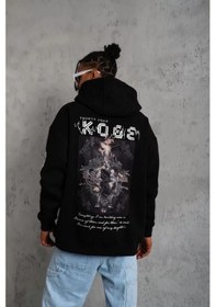 Resim Erkek 3 İplik Pamuklu Kapüşonlu Kanguru Cepli Baskılı Oversize Hoodie Sweatshirt - Siyah Siyah 