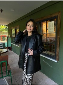 Resim Kadın Kruvaze Yaka Çift Düğmeli Deri Ceket Siyah Siyah 