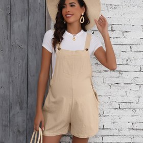 Resim Ayarlanabilir Bel Annelik Jumpsuit - Bej Reyon, Kısa Kollu, Cebi Olan Rahat Yazlık Kıyafet, Bol Kesim, Esnek Olmayan Kumaş, Annelik Giyimi | Rahat Annelik Giyimi | Reyon Kumaş 