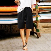 Resim Kadın Pamuk Keten Yazlık Şort Günlük Geniş Paça Büzgülü Cepli Şort Diz Boyu Dış Mekan Plaj Tatili İçin Siyah 