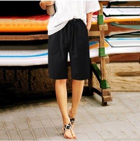 Resim Kadın Pamuk Keten Yazlık Şort Günlük Geniş Paça Büzgülü Cepli Şort Diz Boyu Dış Mekan Plaj Tatili İçin Siyah 