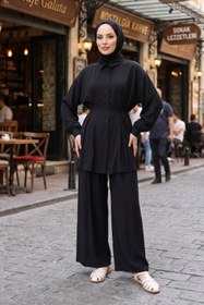 Resim adamila Kadın Siyah Tesettür İkili Takım Kuşaklı Salaş Tunik Pantolon Takım Oversize Yazlık Tesettür Kombi 
