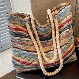 Resim Seyahat Ustası'ndan Rahat Omuz Çantası | Çok Renkli Çizgili ve Çiçek Deseni | Çift Halat Saplı Kumaş Tote | Geniş Plaj ve Tatil Çantası | Baskısız, Seyahat Aksesuarları 