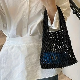 Resim 1 adet Kadınlar için Dokuma File Plaj Çantası - Hafif Polyester Omuz Çantası, Sabit Askılı Tasarım, Tatil, Günlük Geziler ve Seyahatler için Açık Üst (Beyaz/Mor/Yeşil/Mavi/Siyah) | Astar Yok | Örgülü Dokuma 