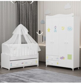 Resim Elegant Beşik Ve Yıldız 4 Kapaklı Dolap Yatak Uykuseti - Uykucu Beyaz 