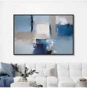 Resim Yağlı Boya Dokulu Tablo Mavi Beyaz Soyut Siyah Çerçeveli U08085-179088 