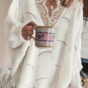 Resim Kadınlar için Kontrast Dantel Detaylı Rahat Akrilik Örgü Kazak - V Yaka, Düz Renk, İlkbahar/Yaz/Sonbahar için Mükemmel 